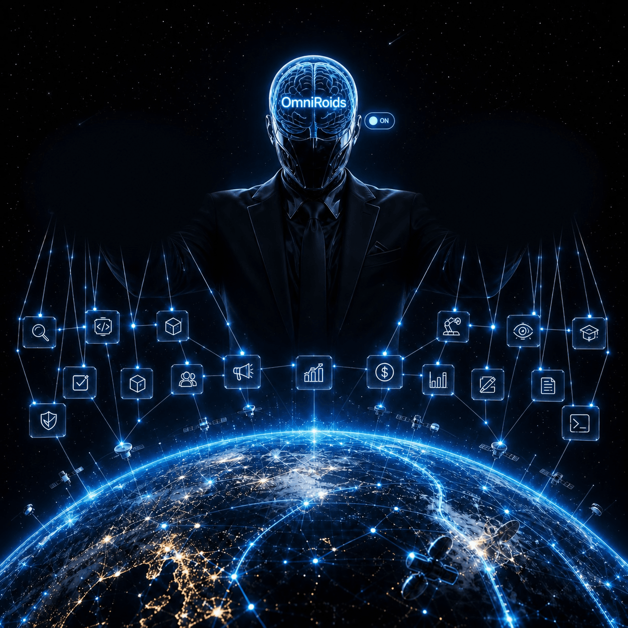 The OmniRoids Puppet Master coordinating a network of specialist agents